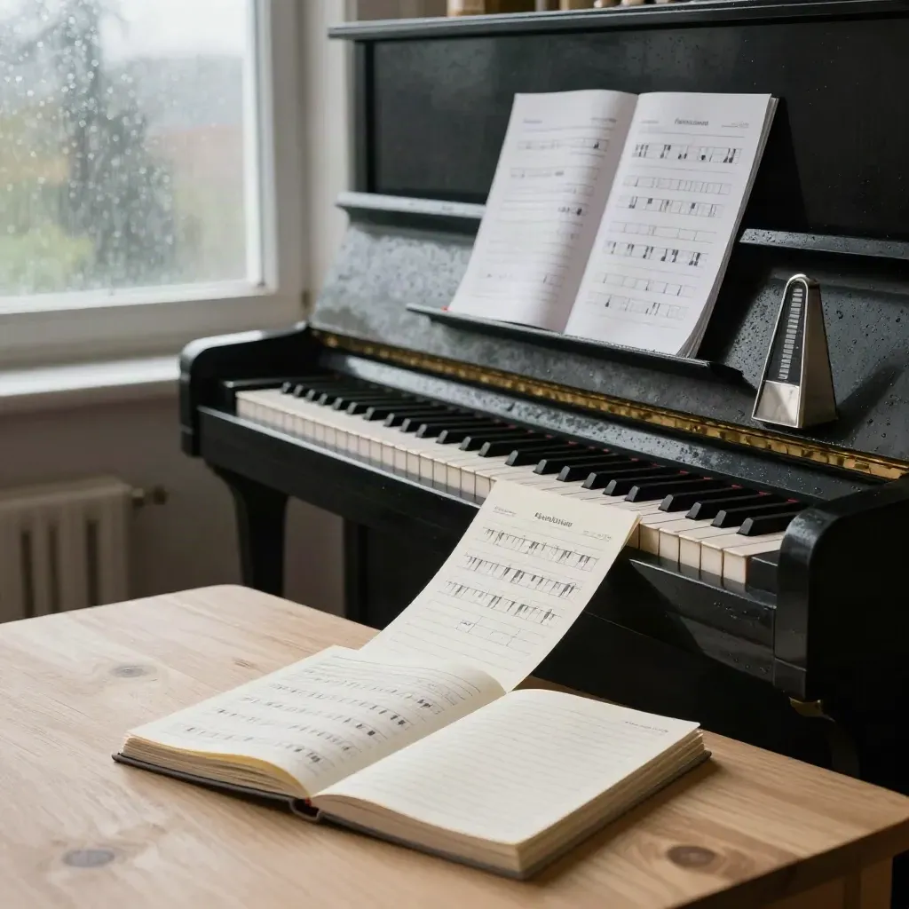 Black upright piano with lesson cards, chord blocks, metronome, and planner by a rain-soft window.