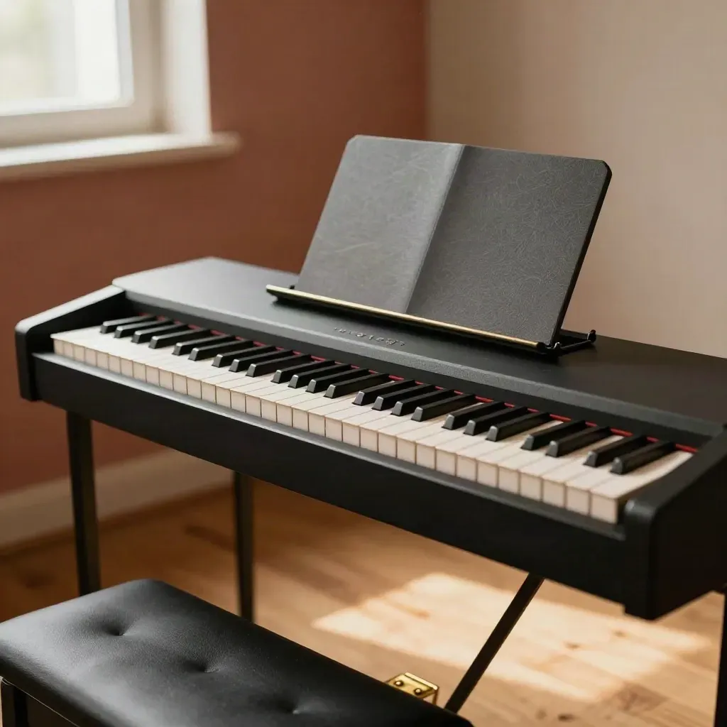 Stage keyboard beside closed score folder and bench in warm window light.