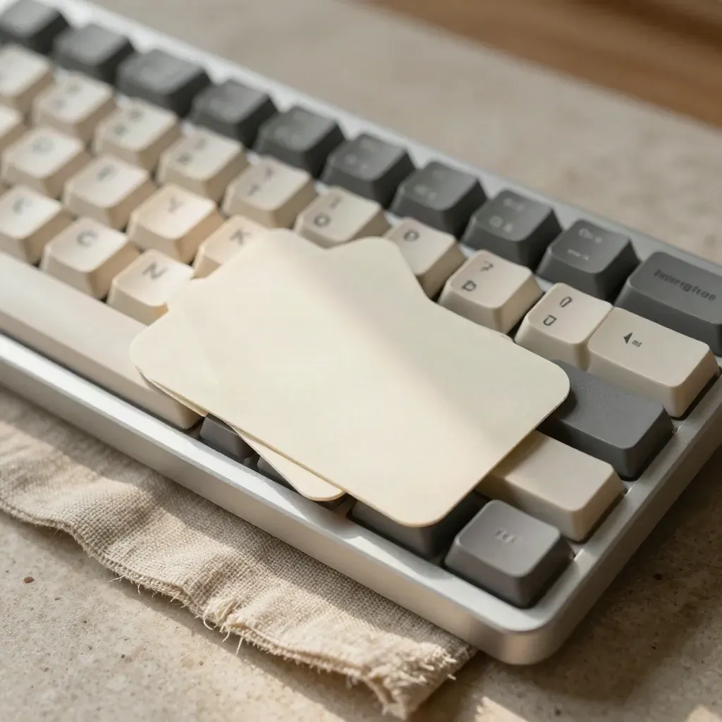 Extreme macro of a compact keyboard, layered practice cards, and a linen cloth on pale stone.