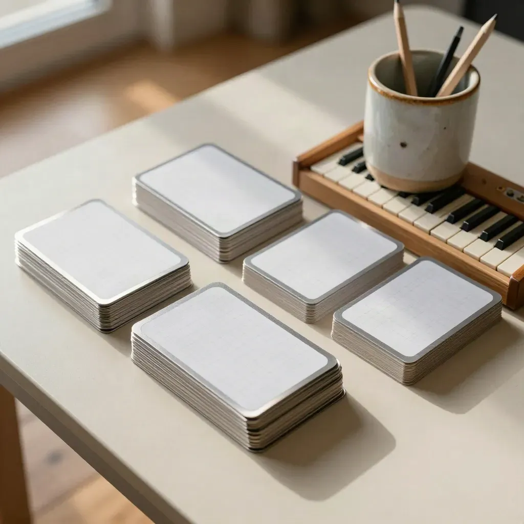 Top-down theory cards, wooden keyboard model, and pencil cup on a warm study table