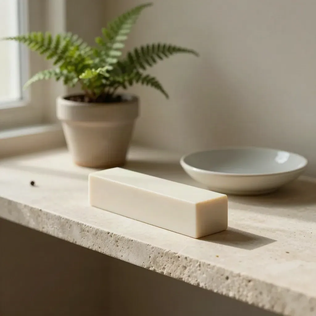 Ivory note block with pencil nub, tiny fern, and ceramic dish on pale stone shelf.